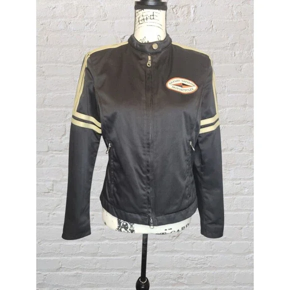 Harley Davidson Riding Jacket Womens SM Black Nylon Full Zip Leather Trim Biker - Picture 2 of 12